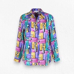 90s Vintage Multicolor Retro Eclectic Geometric Full Button Down Blouse Size 14W